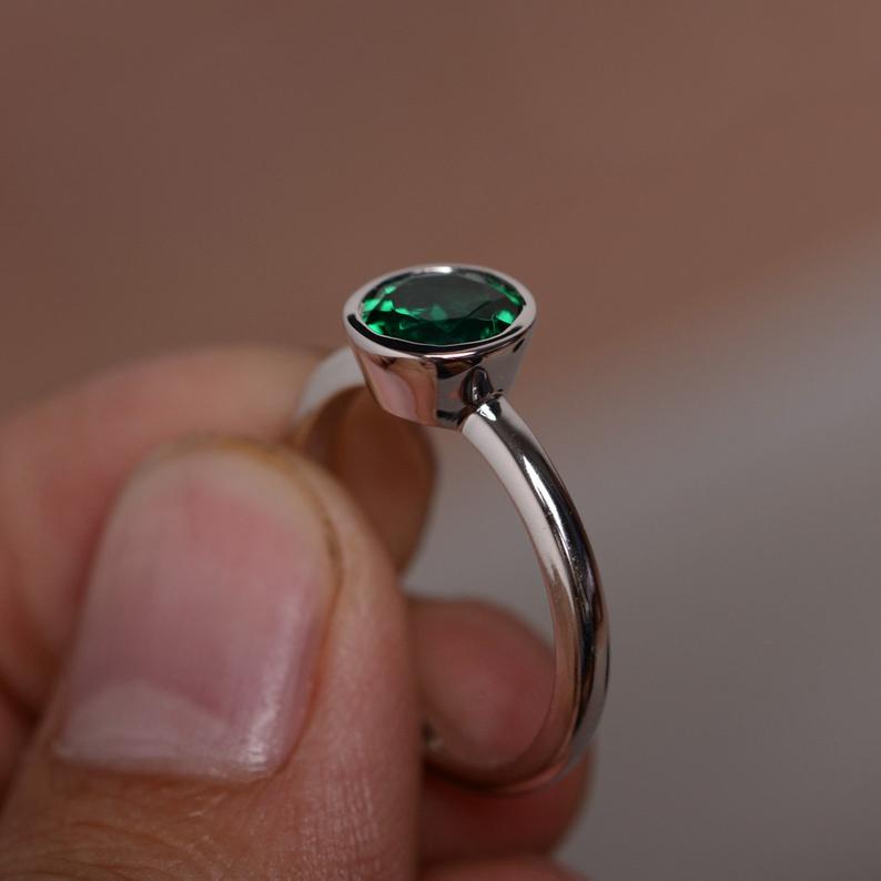 1 Ct Round Cut Green Emerald Solitaire May Birthstone Ring In 925 Sterling Silver