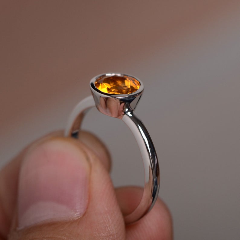 1 Ct Round Cut Yellow Citrine 925 Sterling Silver Solitaire November Birthstone Ring