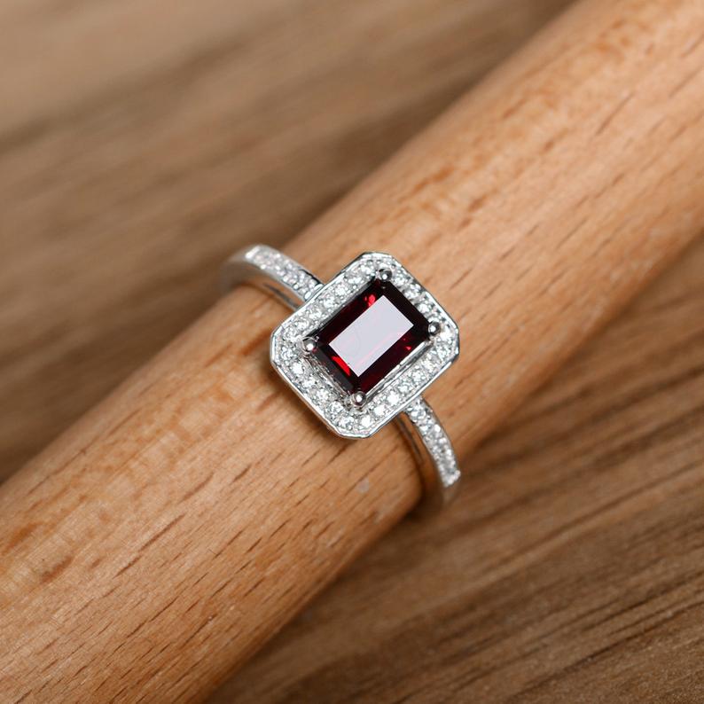 1.50 Ct Emerald Cut Red Garnet 925 Sterling Silver Halo Engagement Ring