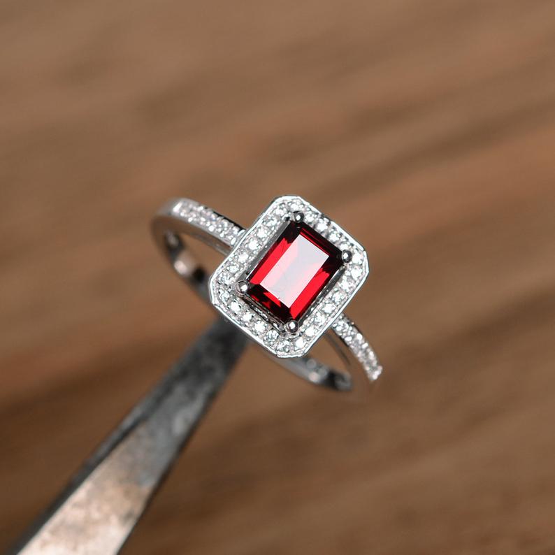 1.50 Ct Emerald Cut Red Garnet 925 Sterling Silver Halo Engagement Ring