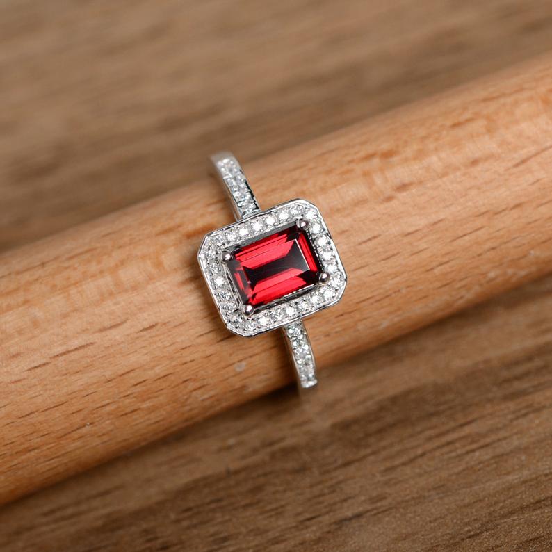 1.50 Ct Emerald Cut Red Garnet 925 Sterling Silver Halo Engagement Ring
