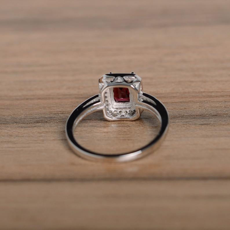 1.50 Ct Emerald Cut Red Garnet 925 Sterling Silver Halo Engagement Ring
