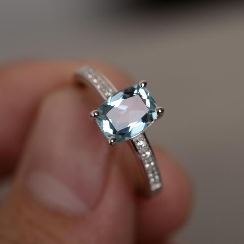 1.50 Ct Cushion Cut Aquamarine Solitaire W/Accents Promise Ring In 925 Sterling Silver