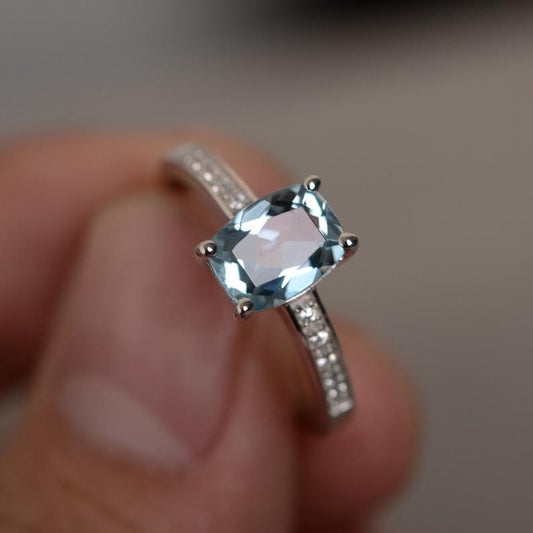 1.50 Ct Cushion Cut Aquamarine Solitaire W/Accents Promise Ring In 925 Sterling Silver