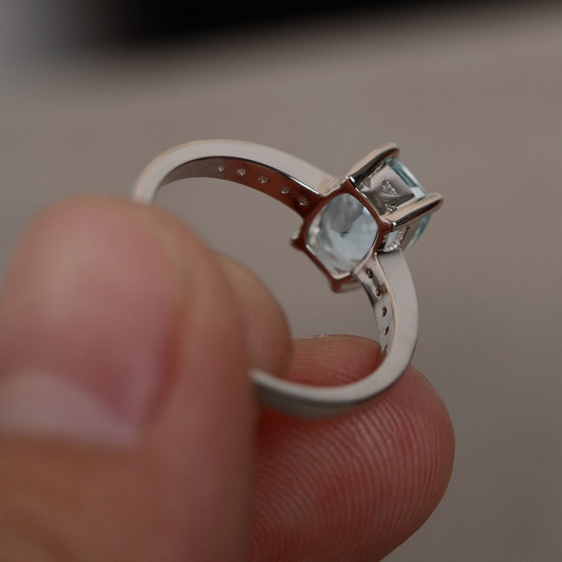 1.50 Ct Cushion Cut Aquamarine Solitaire W/Accents Promise Ring In 925 Sterling Silver