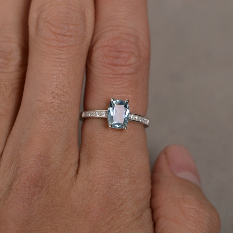 1.50 Ct Cushion Cut Aquamarine Solitaire W/Accents Promise Ring In 925 Sterling Silver