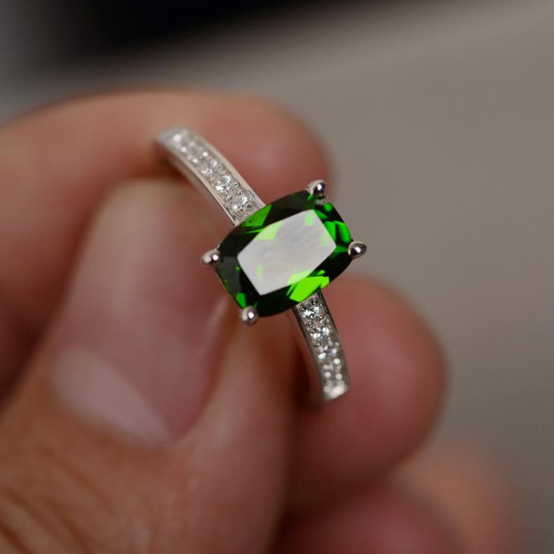 1.50 Ct Cushion Cut Green Emerald 925 Sterling Silver Solitaire W/Accents Promise Ring