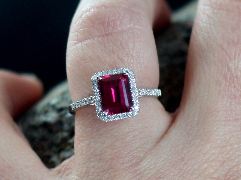 1 CT Emerald Cut Red Ruby Diamond 925 Sterling Silver Halo Engagement Ring