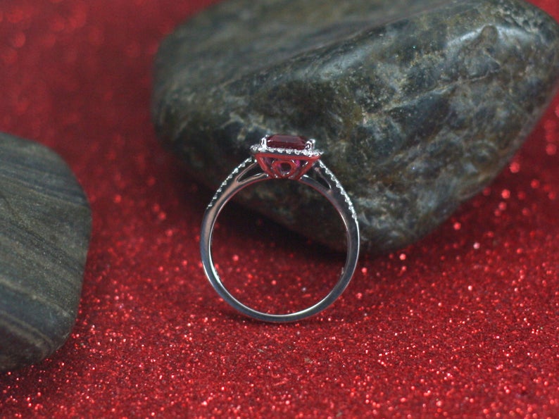 1 CT Emerald Cut Red Ruby Diamond 925 Sterling Silver Halo Engagement Ring