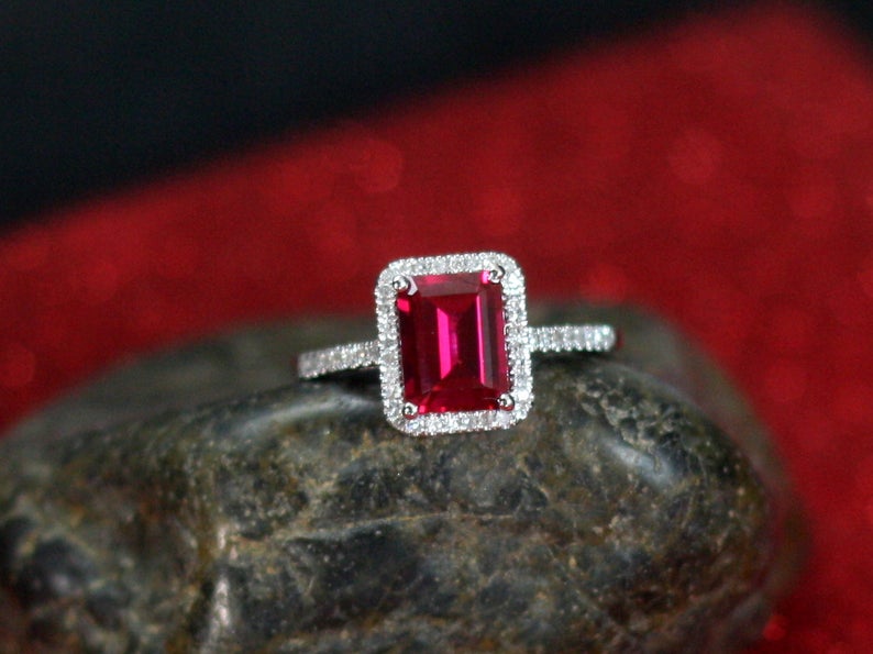 1 CT Emerald Cut Red Ruby Diamond 925 Sterling Silver Halo Engagement Ring