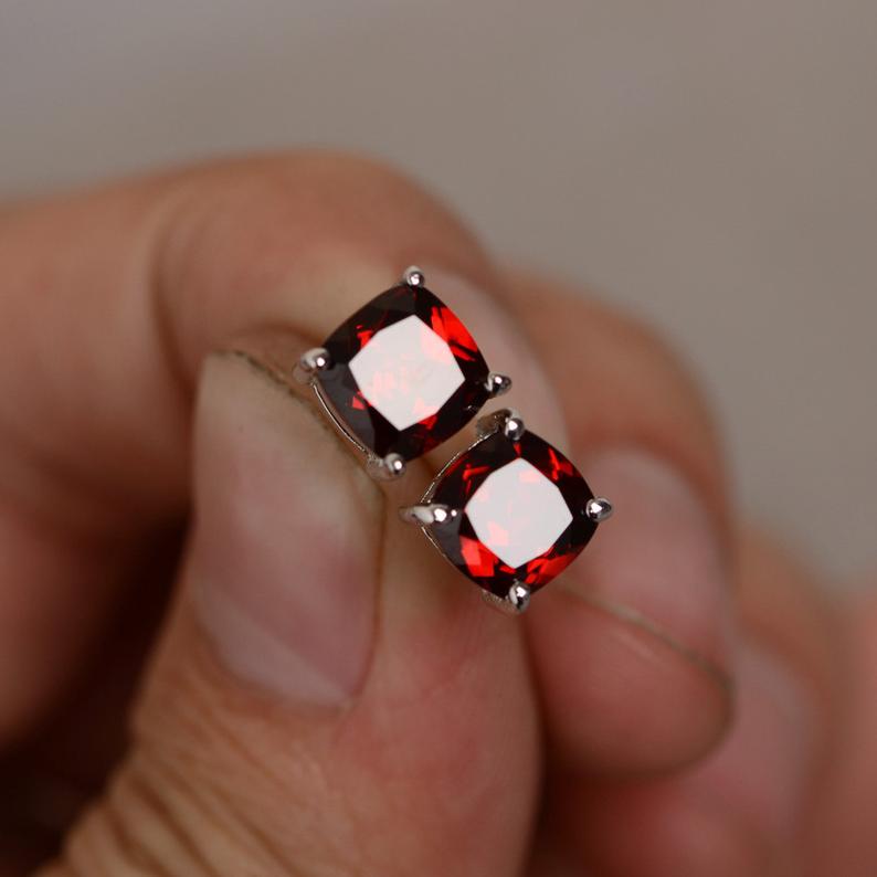1.50 Ct Cushion Cut Red Garnet 925 Sterling Silver Solitaire January Birthstone Month Earrings