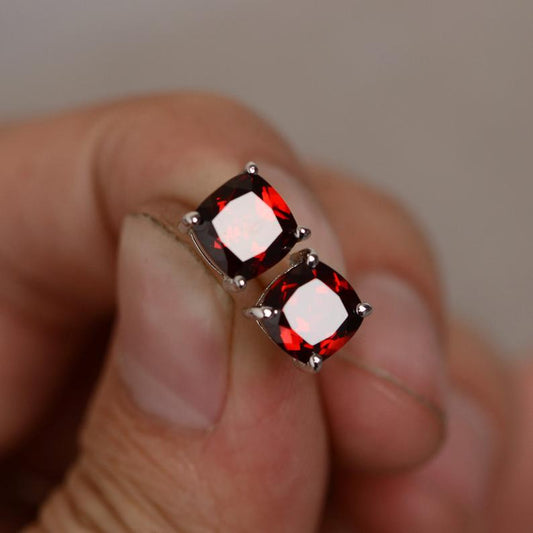 1.50 Ct Cushion Cut Red Garnet 925 Sterling Silver Solitaire January Birthstone Month Earrings