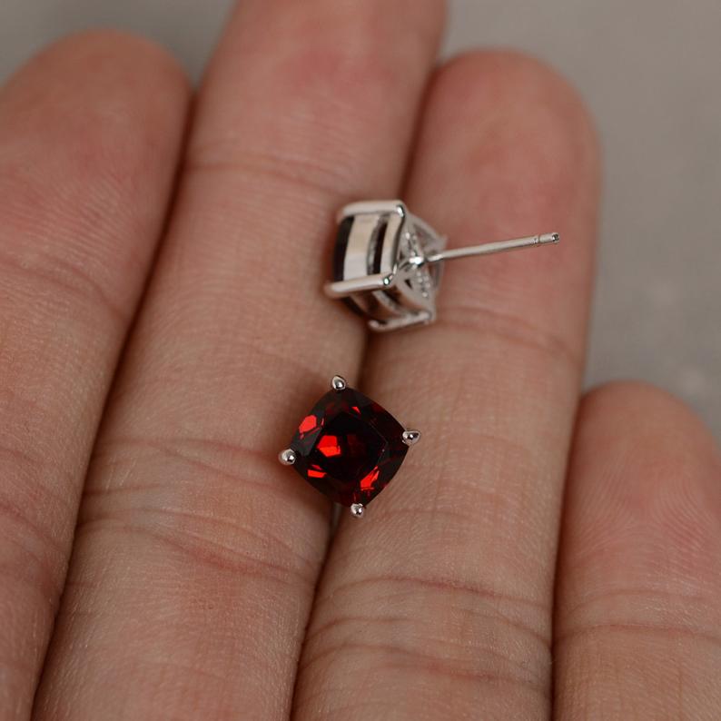 1.50 Ct Cushion Cut Red Garnet 925 Sterling Silver Solitaire January Birthstone Month Earrings