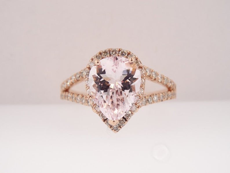 1 CT Pear Cut Morganite Diamond 925 Sterling Silver Halo Promise Ring