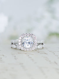 1 CT Cushion Cut White Diamond White Gold Over On 925 Sterling Silver Halo Wedding Bridal Ring Set