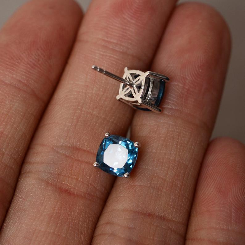 1.50 CT Cushion Cut London Blue Topaz Gorgeous Stud Earrings In 925 Sterling Silver