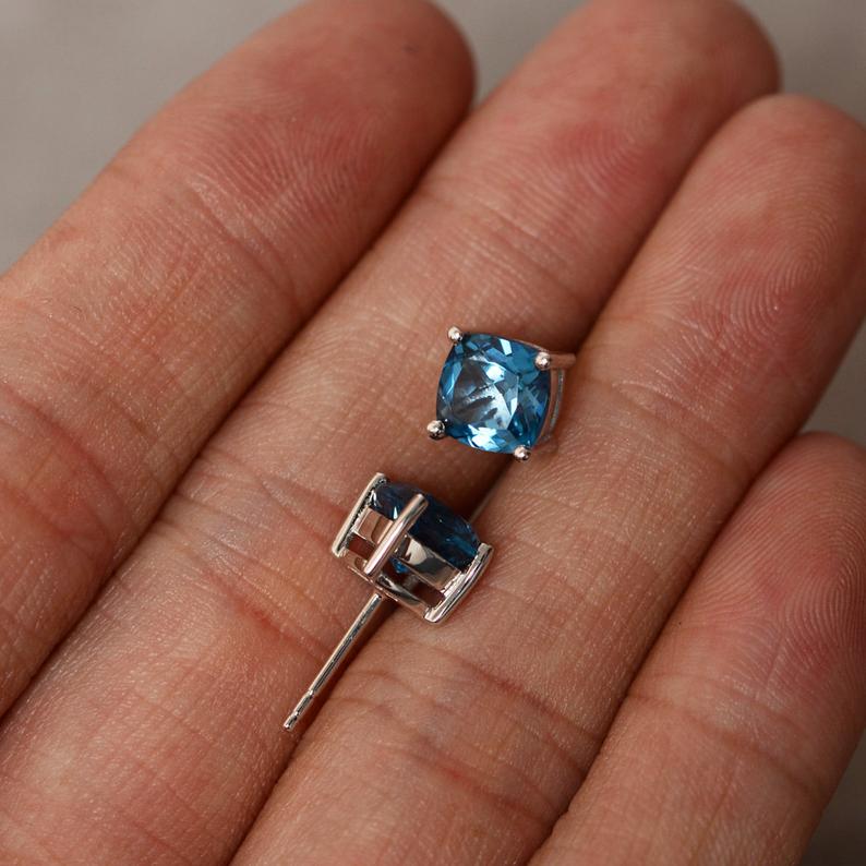 1.50 CT Cushion Cut London Blue Topaz Gorgeous Stud Earrings In 925 Sterling Silver