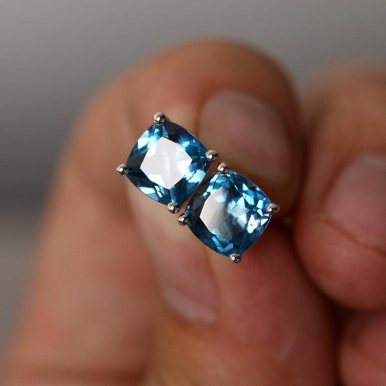 1.50 CT Cushion Cut London Blue Topaz Gorgeous Stud Earrings In 925 Sterling Silver