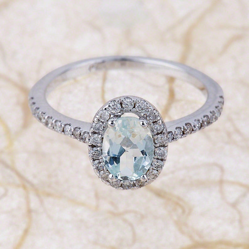 1 CT Oval Cut Aquamarine Diamond 925 Sterling Silver Halo Engagement Ring
