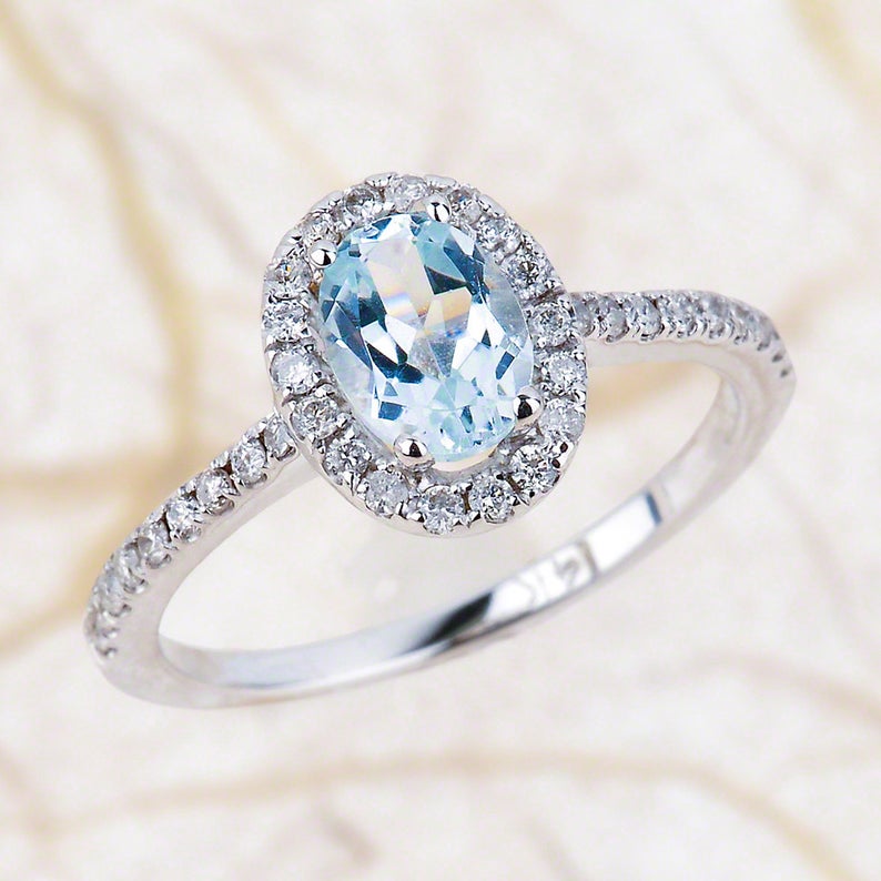 1 CT Oval Cut Aquamarine Diamond 925 Sterling Silver Halo Engagement Ring