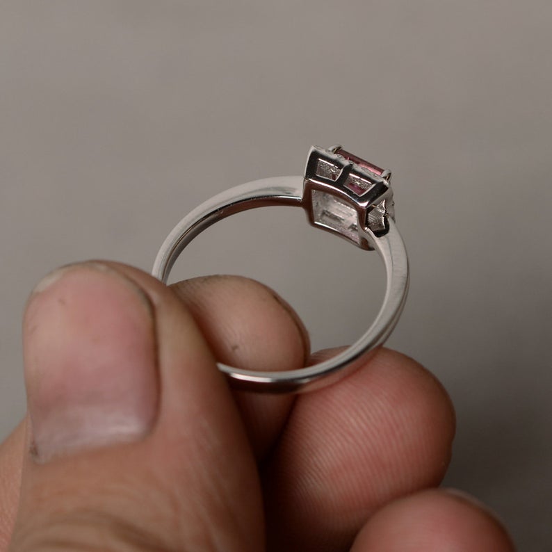 1.20 Ct Princess Cut Pink Tourmaline 925 Sterling Silver Halo Anniversary Gift Ring