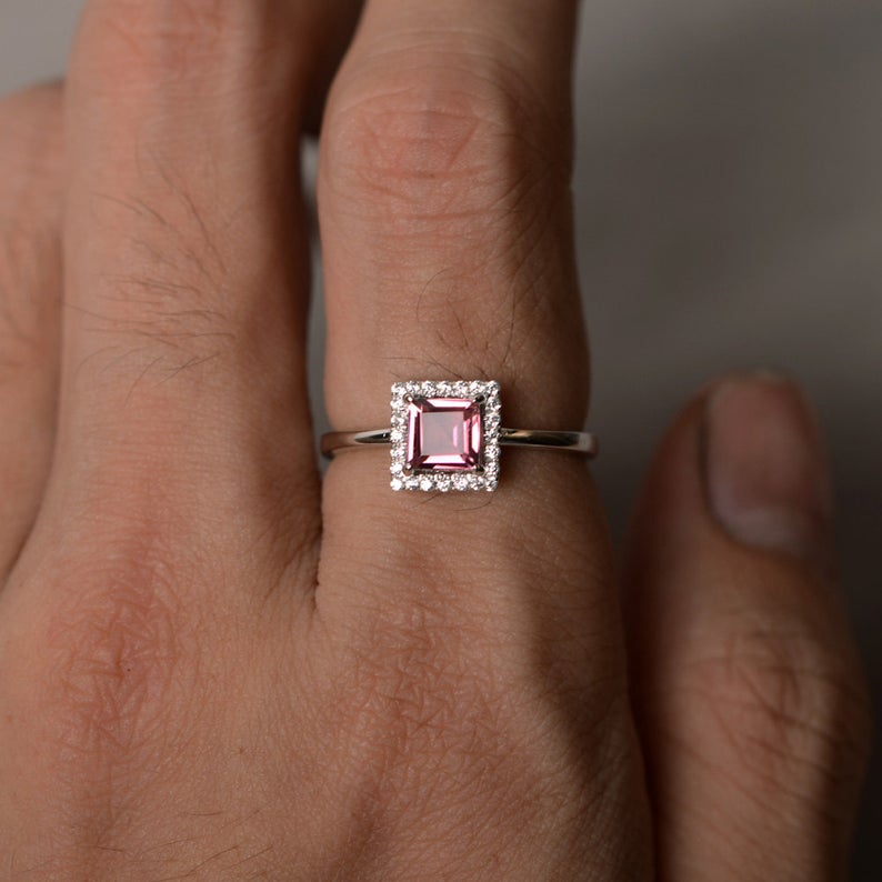 1.20 Ct Princess Cut Pink Tourmaline 925 Sterling Silver Halo Anniversary Gift Ring