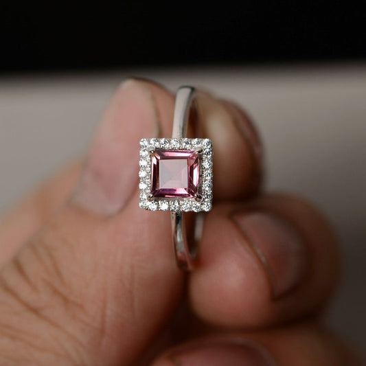 1.20 Ct Princess Cut Pink Tourmaline 925 Sterling Silver Halo Anniversary Gift Ring