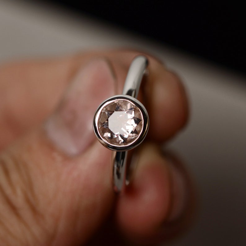 1 Ct Round Cut Morganite Bezel Set Solitaire Promise Ring In 925 Sterling Silver
