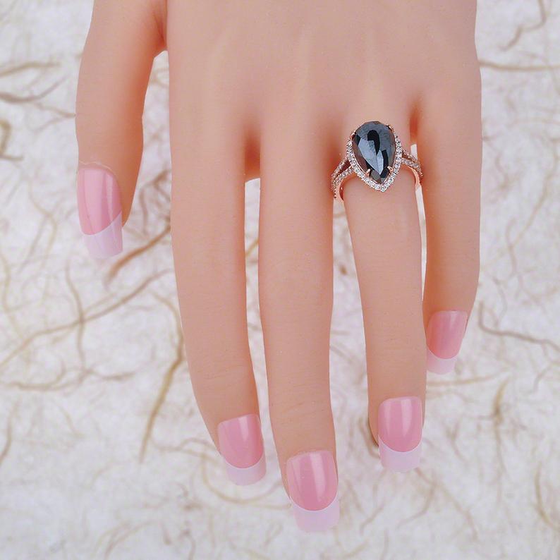 CT Pear Cut Black Onyx Diamond 925 Sterling Silver Halo Engagement Ring