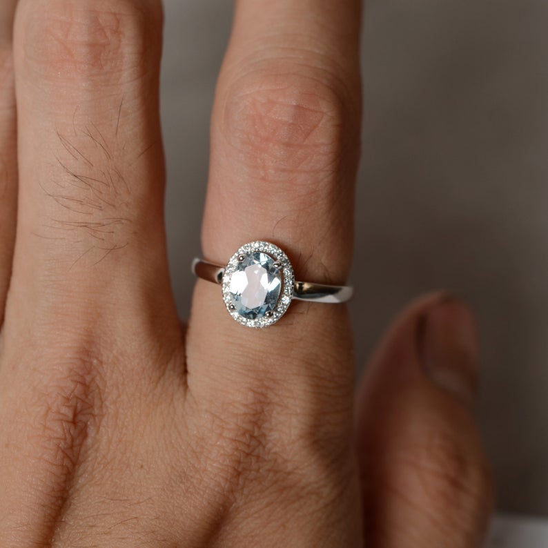 1.50 Ct Oval Cut Aquamarine 925 Sterling Silver Halo Engagement Ring