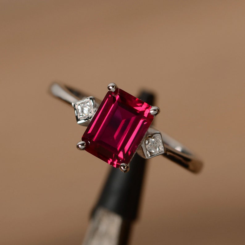 Ct Emerald Cut Red Ruby White Round CZ Three-Stone Ring In