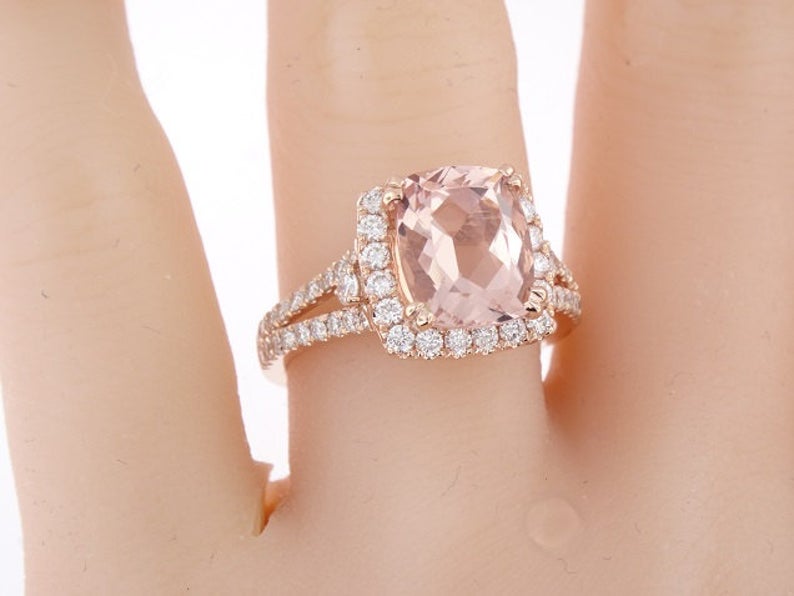 1 CT  Cushion Cut Morganite Diamond Rose Gold Over On 925 Sterling Silver Halo Promise Ring