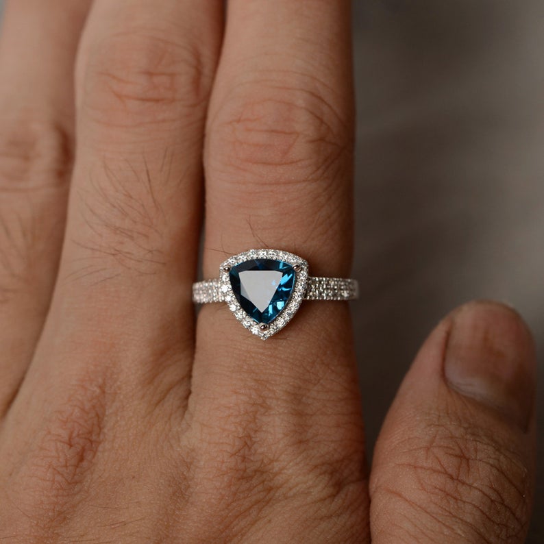 1.75 Ct Trillion Cut London Blue Topaz 925 Sterling Silver Halo Engagement Wedding Ring