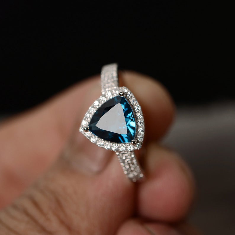 1.75 Ct Trillion Cut London Blue Topaz 925 Sterling Silver Halo Engagement Wedding Ring