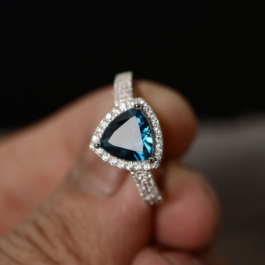 1.75 Ct Trillion Cut London Blue Topaz 925 Sterling Silver Halo Engagement Wedding Ring