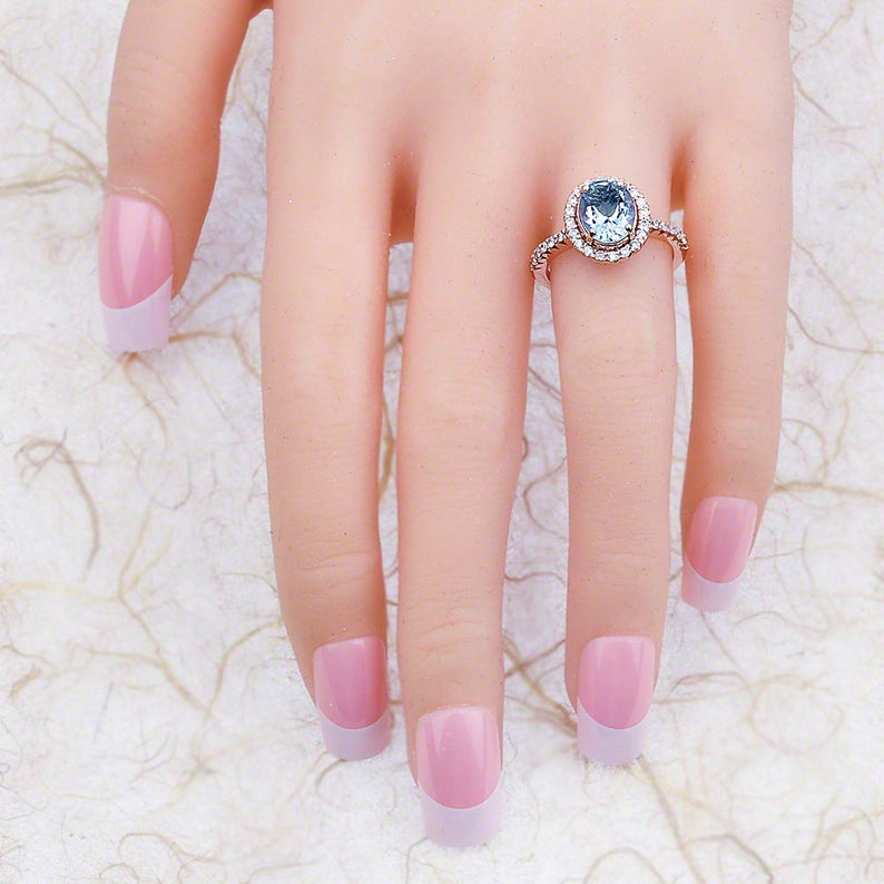 1 Ct Oval Cut Aquamarine Diamond Rose Gold Over On 925 Sterling Silver Halo Engagement Ring
