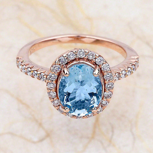 1 Ct Oval Cut Aquamarine Diamond Rose Gold Over On 925 Sterling Silver Halo Engagement Ring