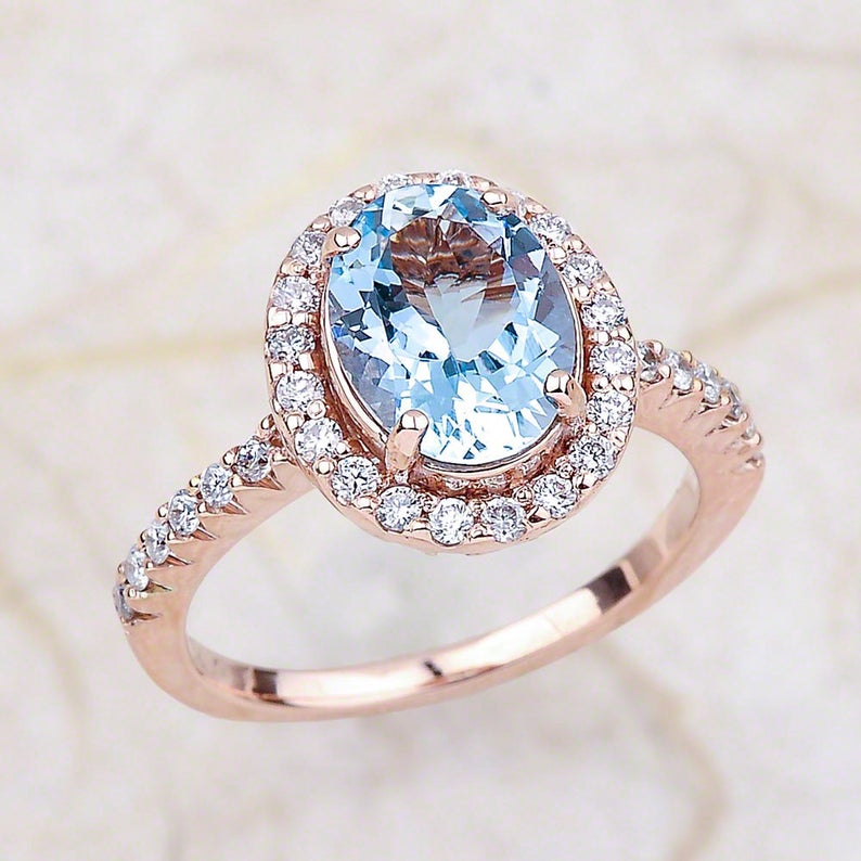 1 Ct Oval Cut Aquamarine Diamond Rose Gold Over On 925 Sterling Silver Halo Engagement Ring