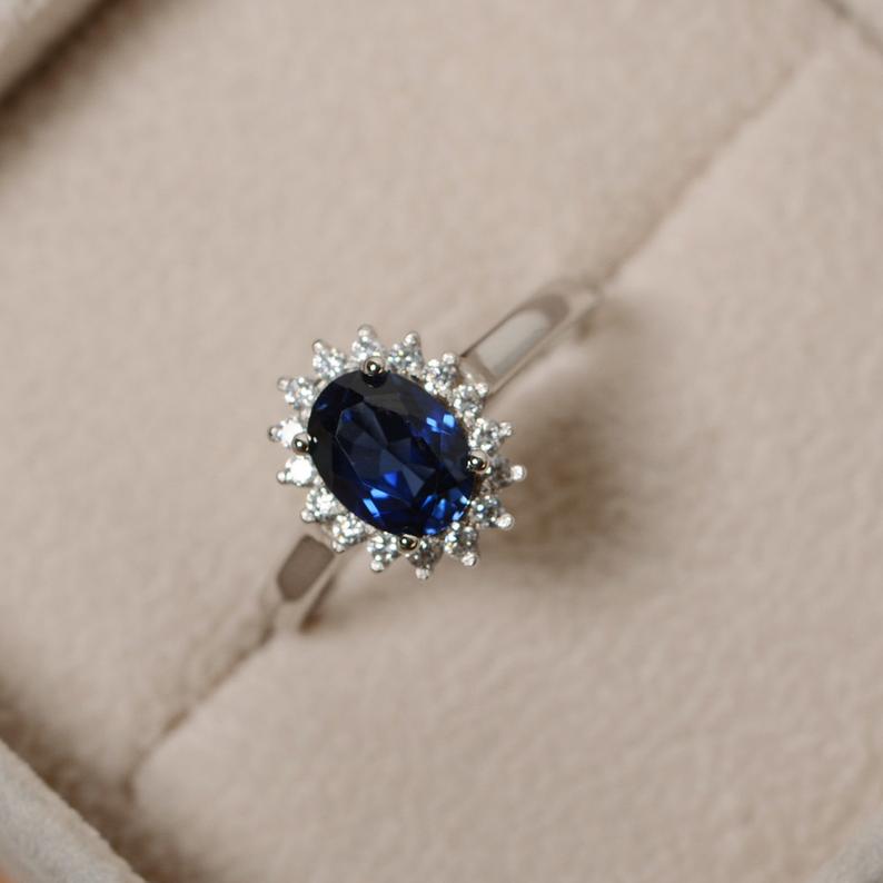 2.30 Ct Oval Cut Blue Sapphire 925 Sterling Silver Halo Engagement Ring For Her