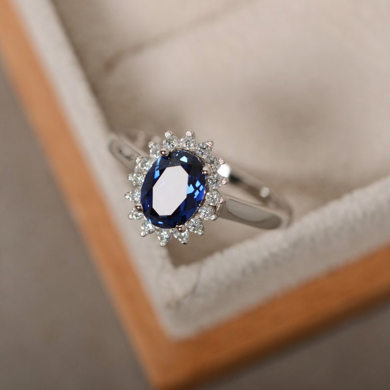 2.30 Ct Oval Cut Blue Sapphire 925 Sterling Silver Halo Engagement Ring For Her