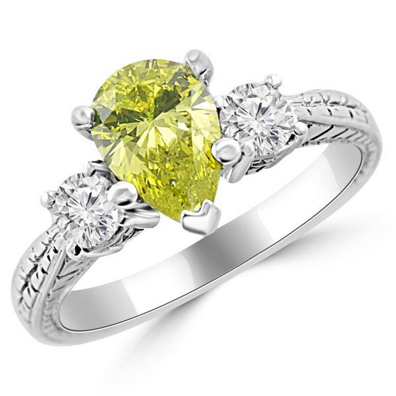 1 CT 925 Sterling Silver Yellow Citrine Pear Cut Diamond 3 Stone Engagement Ring