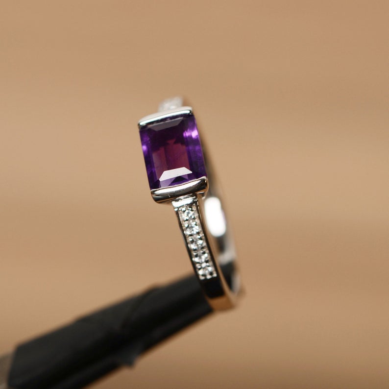 1.25 Ct Emerald Cut Purple Amethyst 925 Sterling Silver Solitaire W/Accents Anniversary Gift Ring