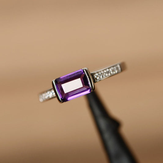 1.25 Ct Emerald Cut Purple Amethyst 925 Sterling Silver Solitaire W/Accents Anniversary Gift Ring