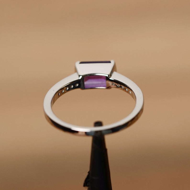 1.25 Ct Emerald Cut Purple Amethyst 925 Sterling Silver Solitaire W/Accents Anniversary Gift Ring