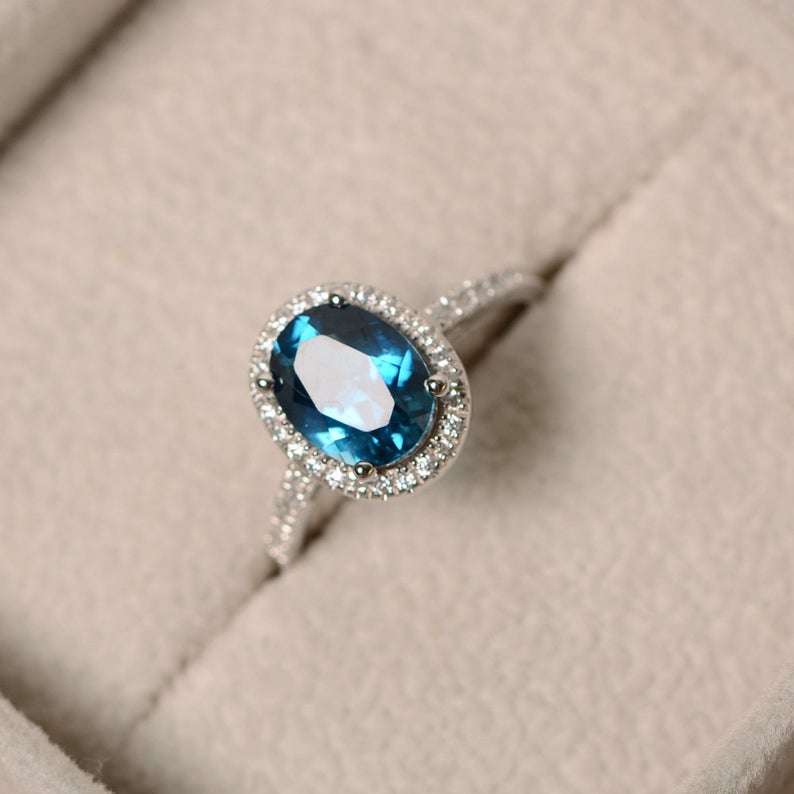 1 CT Oval Cut London Blue Topaz Diamond 925 Sterling Silver Halo Anniversary Ring