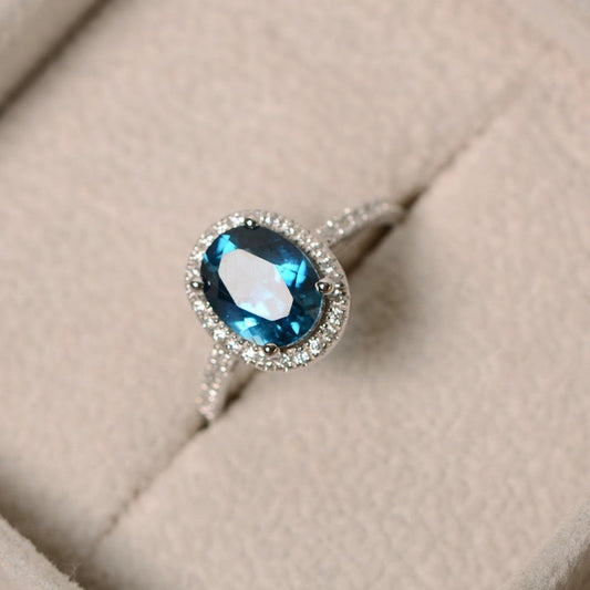 1 CT Oval Cut London Blue Topaz Diamond 925 Sterling Silver Halo Anniversary Ring