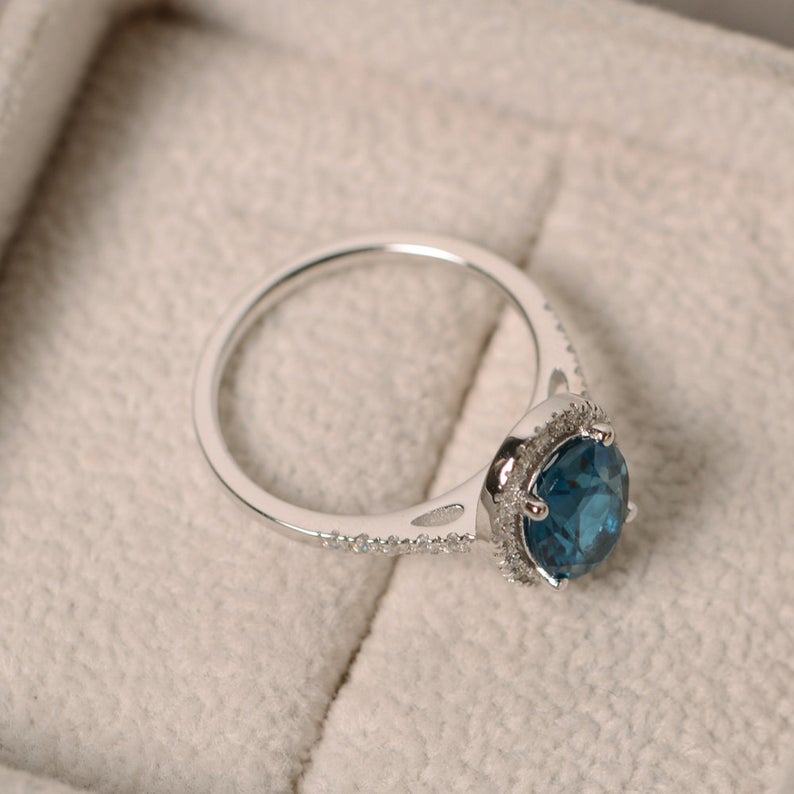 1 CT Oval Cut London Blue Topaz Diamond 925 Sterling Silver Halo Anniversary Ring