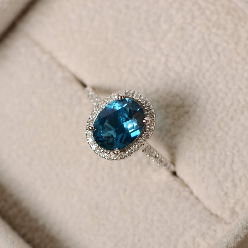 1 CT Oval Cut London Blue Topaz Diamond 925 Sterling Silver Halo Anniversary Ring