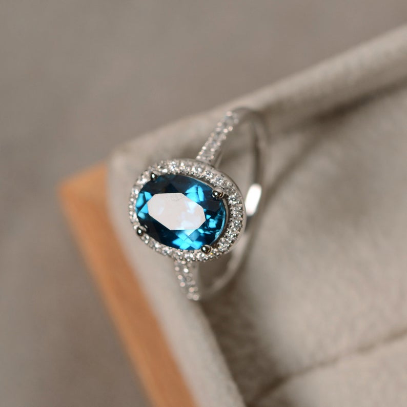 1 CT Oval Cut London Blue Topaz Diamond 925 Sterling Silver Halo Anniversary Ring