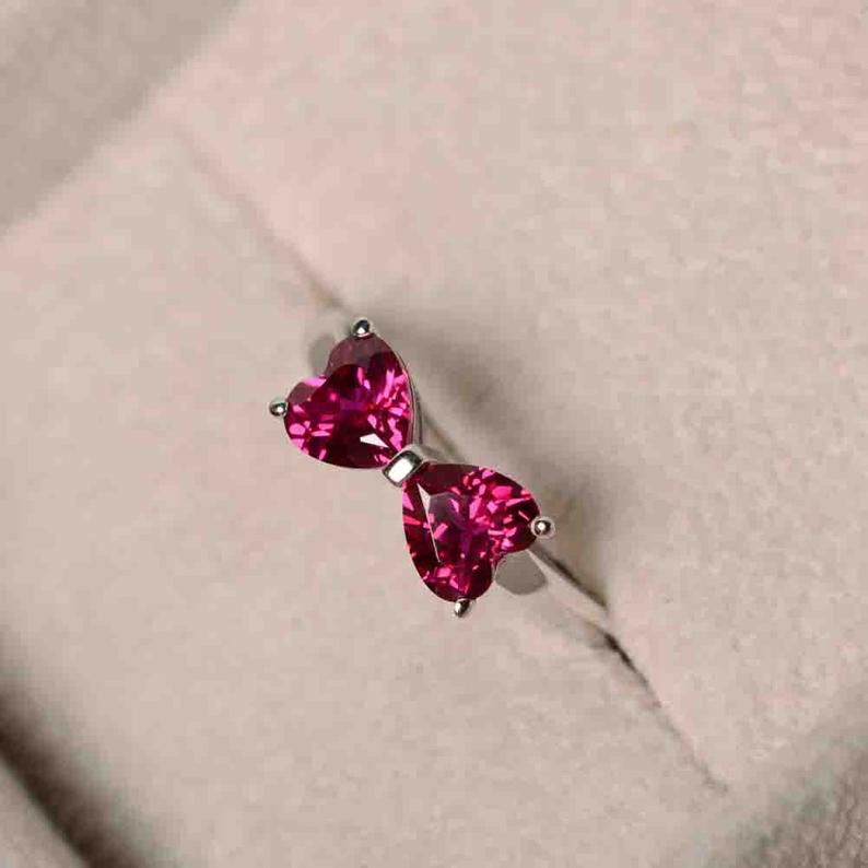 2.00 Ct Trillion Cut Red Ruby Bow Style Engagement Ring In 925 Sterling Silver